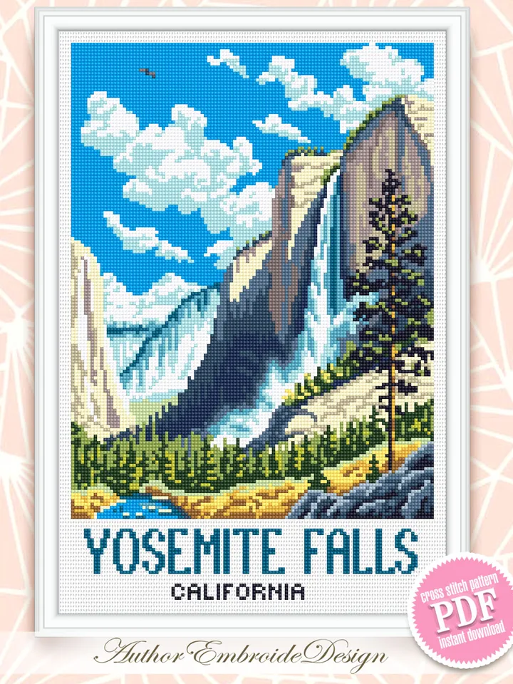 Yosemite falls national park cross stitch pattern PDF download Travel poster cross stitch chart, Mountain landscape pattern digital PDF #L96