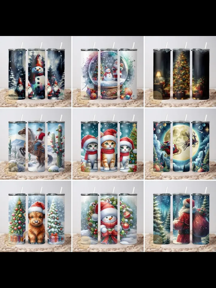 10 Christmas 20 Oz Tumbler Wrap png Bundle, Christmas Sublimation Designs for Tumblers, Santa with Sleigh, Christmas Gnomes with Santa Cat