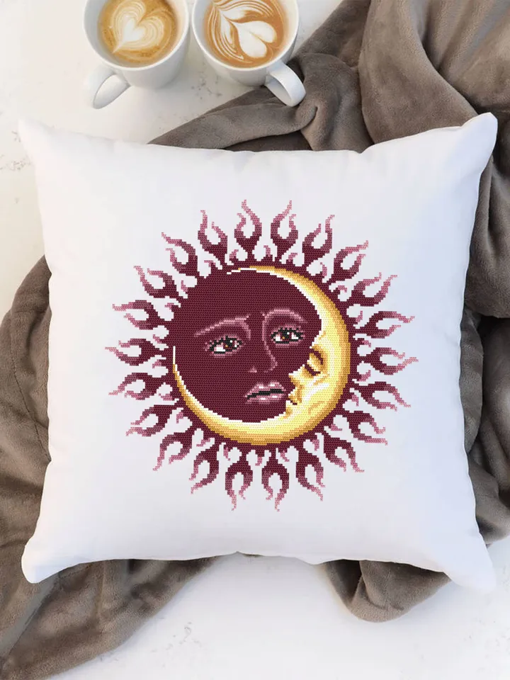 Mandala sun and moon cross stitch pattern PDF download Sun mandala cross stitch chart, Sun moon pattern digital PDF, Crescent moon #M185