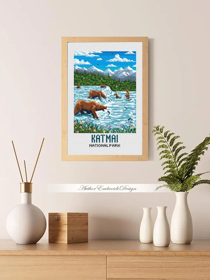 Katmai national park cross stitch pattern PDF download Travel poster cross stitch Bears catch fish Brooks falls in Alaska Bear fishing #L101