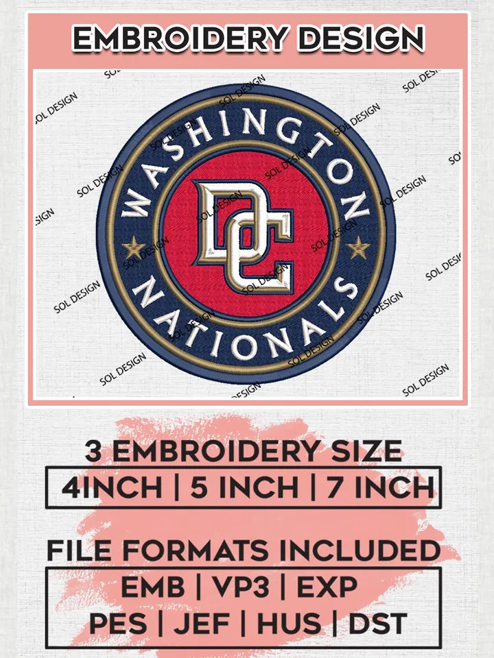 MLB Washington Nationals Machine Embroidery Design Files, MLB Washington Nationals Team Embroidery, MLB Teams, 3 sizes, MLB Machine embroidery designs, Digital Download