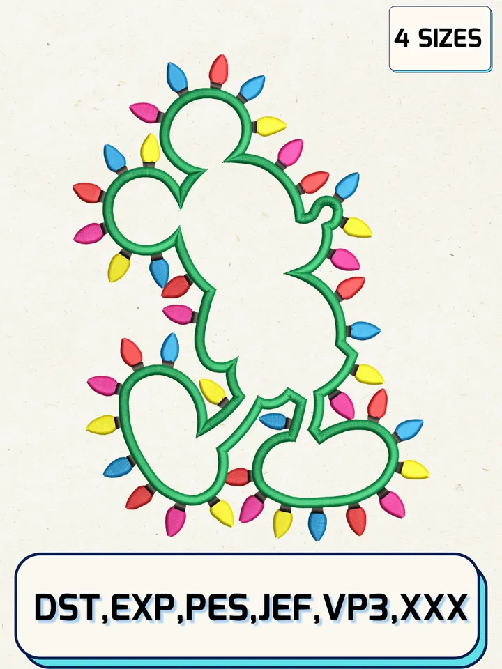 Mickey Christmas Lights Embroidery Design,Christmas Embroidery Designs,Machine Embroidery Files,Mickey Embroidery Design,4 Sizes