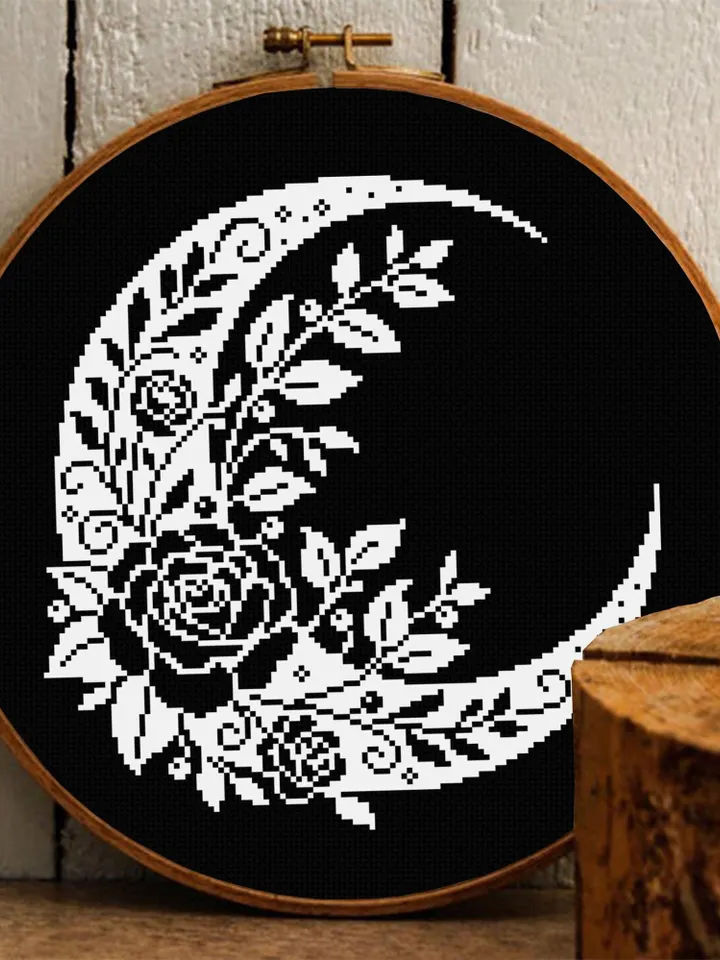 Crescent moon and flowers cross stitch pattern PDF download Floral moon cross stitch chart, Moon pattern digital PDF, Moon embroidery #P50