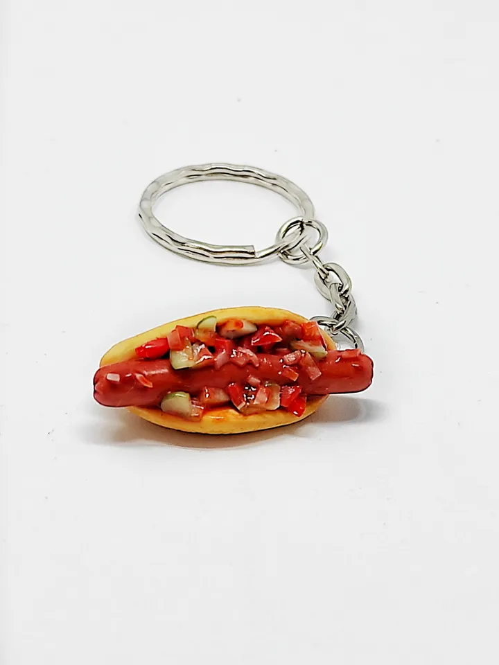 Realistic hot dog on keychain, food keychain, gift idea, fast food on keychain, bag accessory, keychain with decor