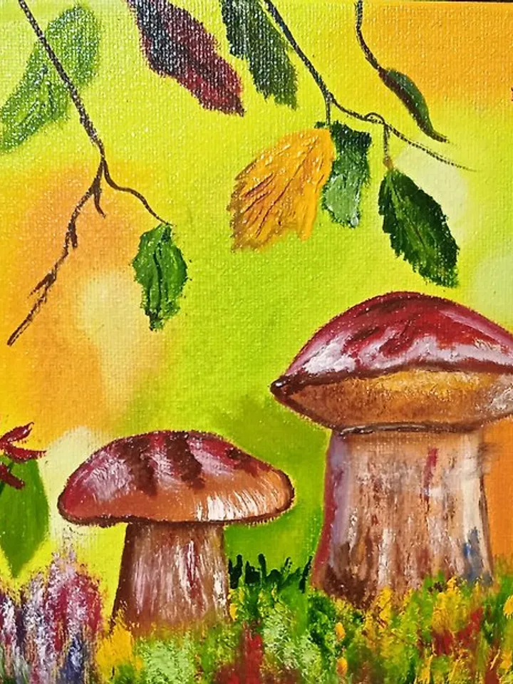 Autumn Landscape Mushroom Art Decor for Children Original Oil Painting Bright