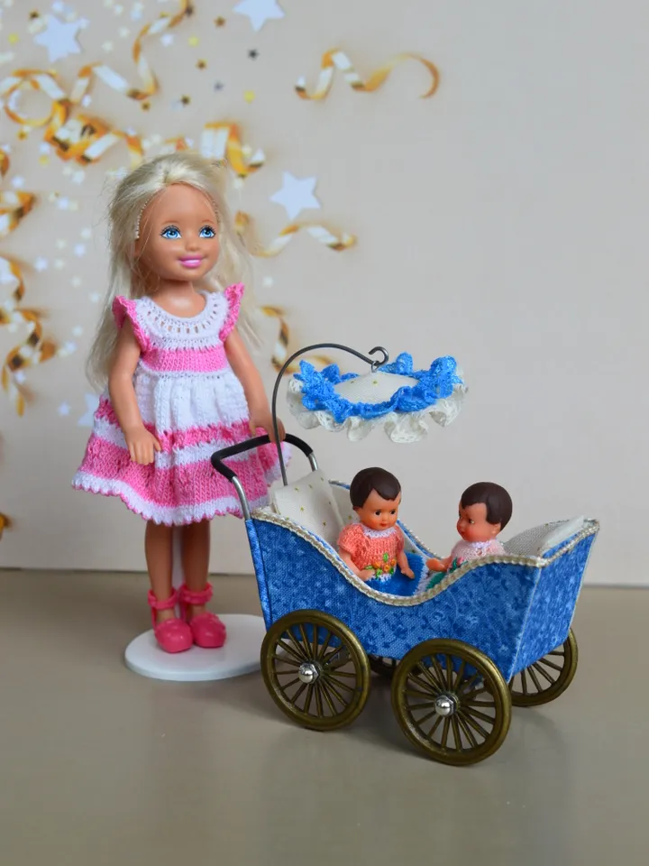 Miniature toy stroller for two small dolls. Handmade miniature stroller for small dolls.