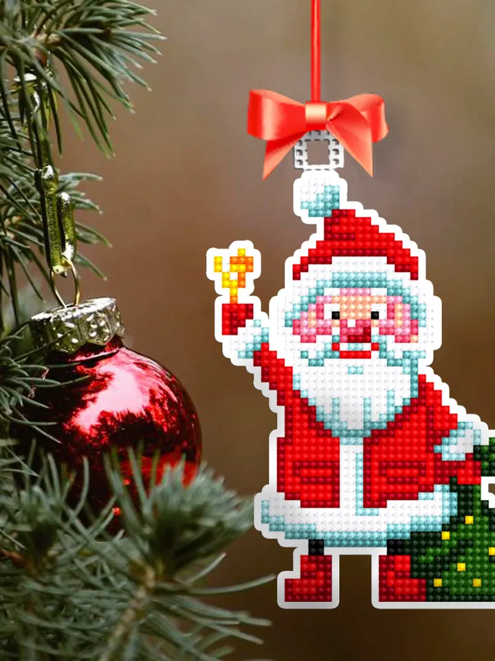 Santa Christmas tree decor for plastic canvas cross stitch pattern PDF download Double-sided Christmas ornament Plastic canvas pattern #N97