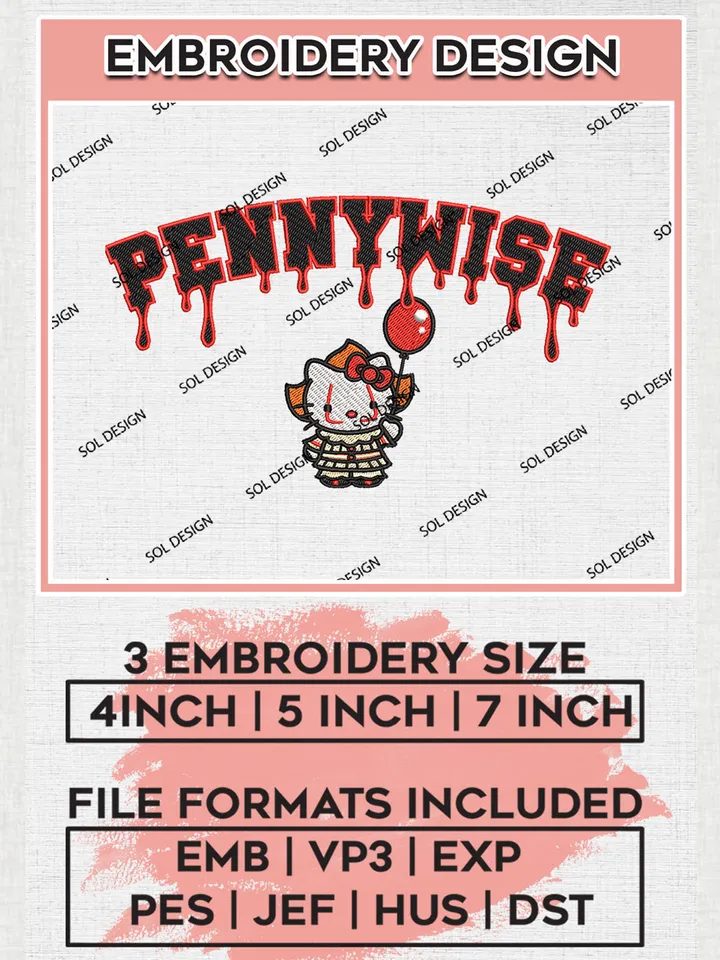 Halloween Hello Kitty x Pennywise Costume Drop Blood Name Embroidery designs, Horror Halloween Machine embroidery designs, Horror Character embroidery files, Trick Or Treat Machine Embroidery Digitized Pes Files, Digital Download