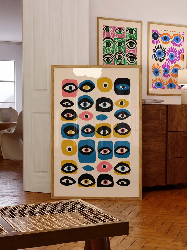 Colorful Eye Wall Poster, Whimsical Abstract Eye Art, Retro Grid Design, Mid Century Digital Print, Home Decor, Instant Download, crayz eyes