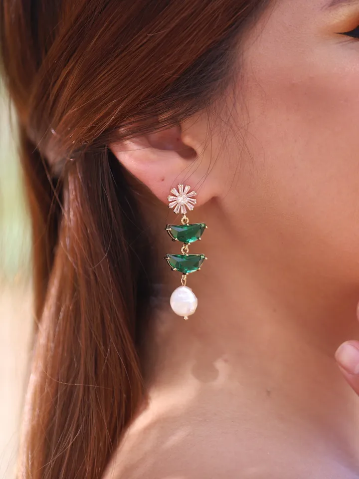 Art Deco Wedding Earrings, Baroque Freshwater Pearl Statement Bridal Earrings, Gold Emerald Green Chandelier Wedding Earrings, Boho Jewelry