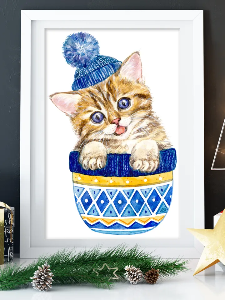 Cute red kitten with blue eyes in a blue knitting hat Art Print, Printable Download, Watercolor Print, Pet Animal, Wall Decor, Prints Wall Art, New Year, Merry Christmas