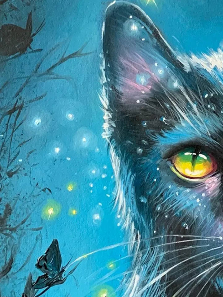Black cat, oil painting on cardboard