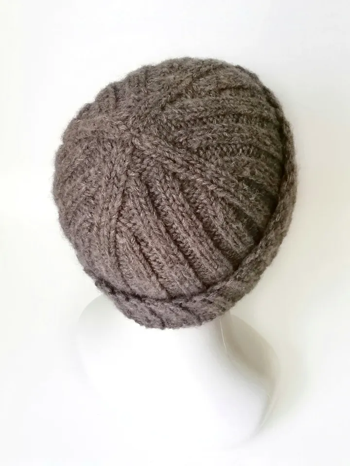 Cozy Men's Alpaca Wool Winter Beanie: Hand-Knitted Brown Hat. Warm Men's Beanie with Folded Brim: Handcrafted Ribbed Cap. FREE SHIPPING!