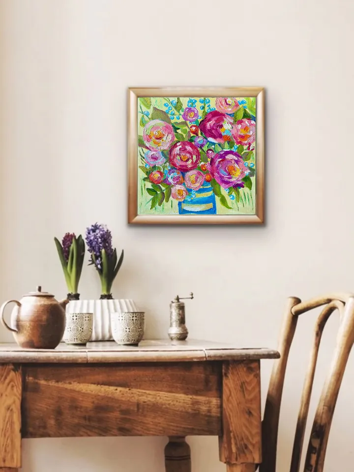 Roses bouquet painting, Original oil Painting on canvas, Flower fauvist art, floral wall art