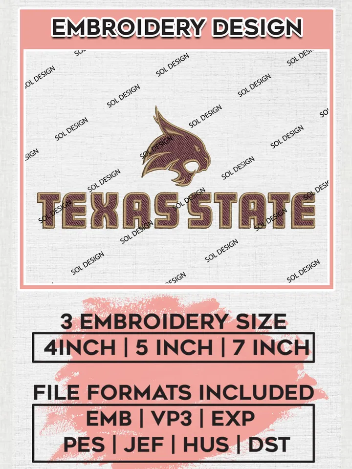 NCAA Texas State Team Logo Embroidery Design Files, NCAA Texas State Bobcats Machine Embroidery, NCAA Teams, Game Day, 3 sizes, NCAA Machine embroidery designs, Digital Download