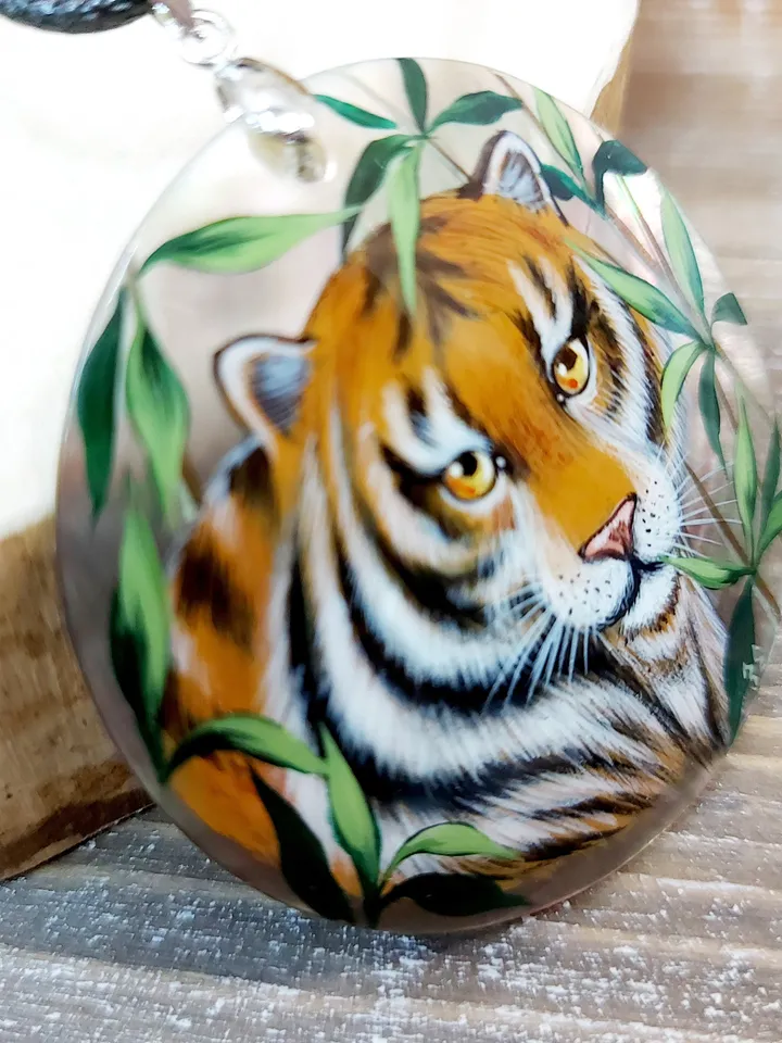 Pendant "Tiger" Mother-of-pearl Hand-painted Summer jewelry Russian jewelry magic of painting fine art jewelry Fedoskino Gift Collectible