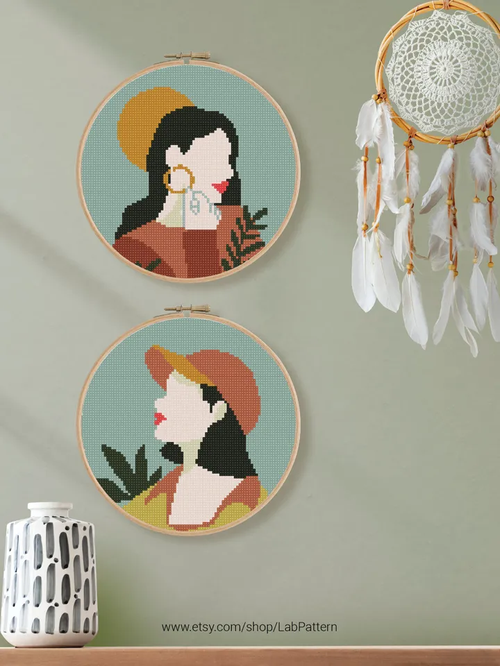 Bundle of 4 woman boho style cross stitch pattern Floral nature girl home decor counted chart gift DIY embroidery beginner instant PDF