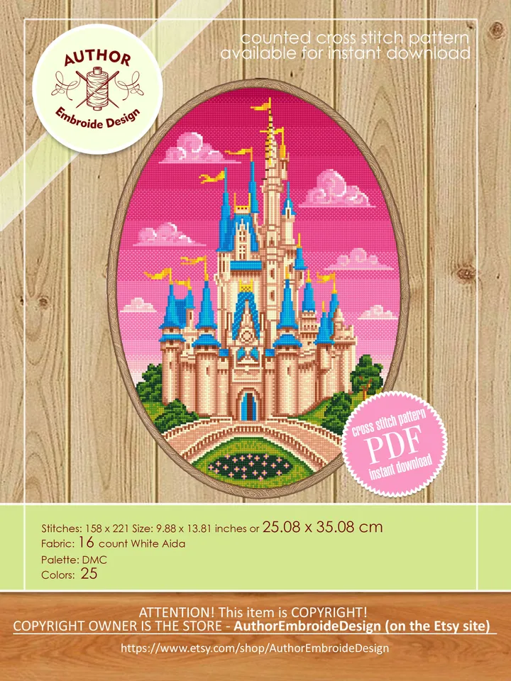 Cinderella castle set cross stitch pattern download PDF Magic Kingdom cross stitch Day and night pattern, Castle princess embroidery PDF #C6