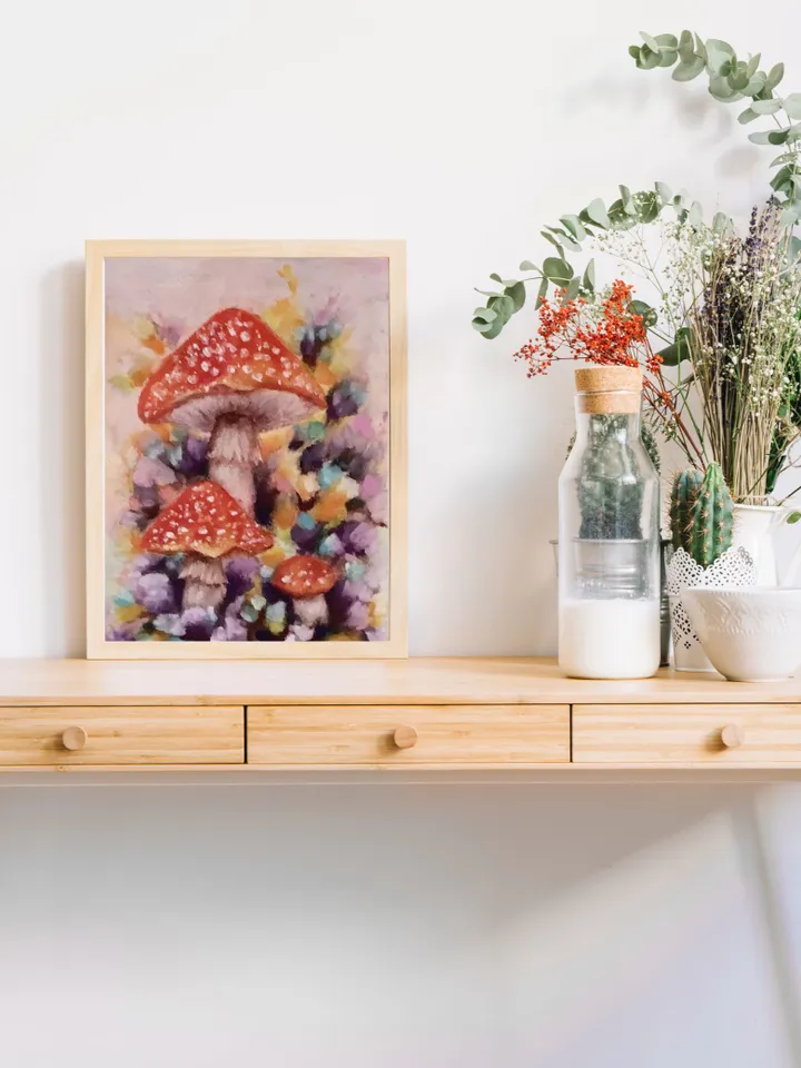 Fly agaric Mushroom painting original art, Mini mushroom painting, Pastel mushroom drawing