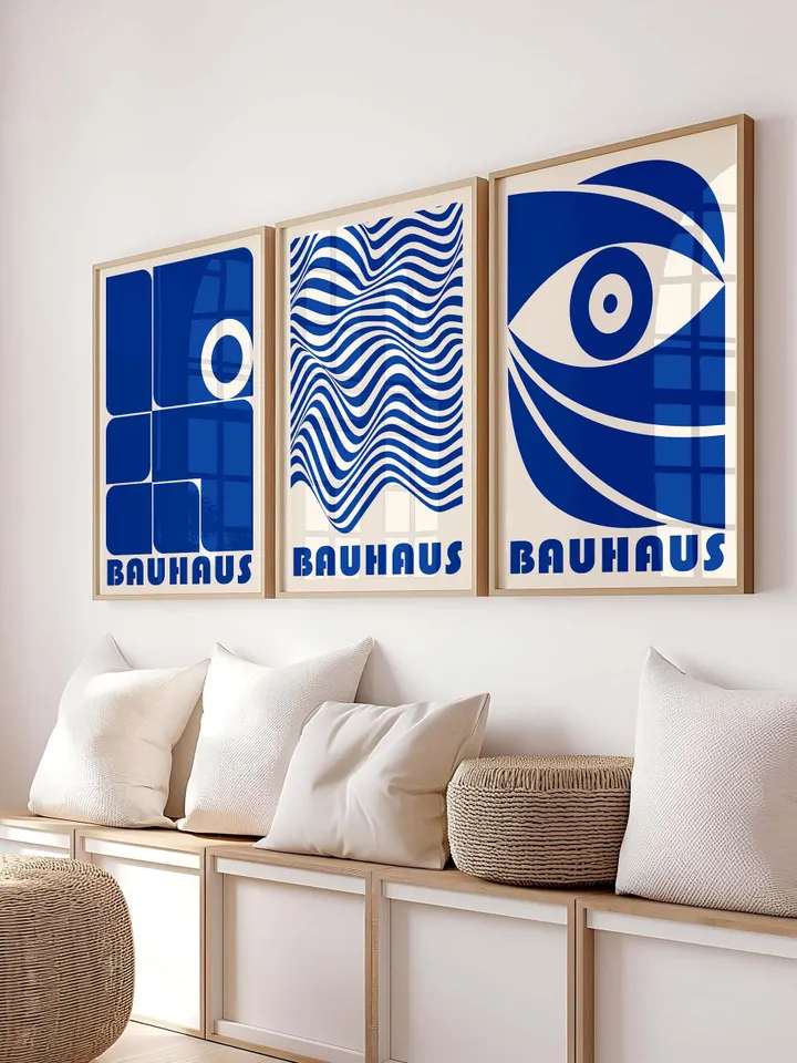 Blue Bauhaus Wall Art Set of 3 – Modern Geometric Abstract Prints, Mid-Century Minimalist Poster Trio, Digital Download Retro Wall Decor