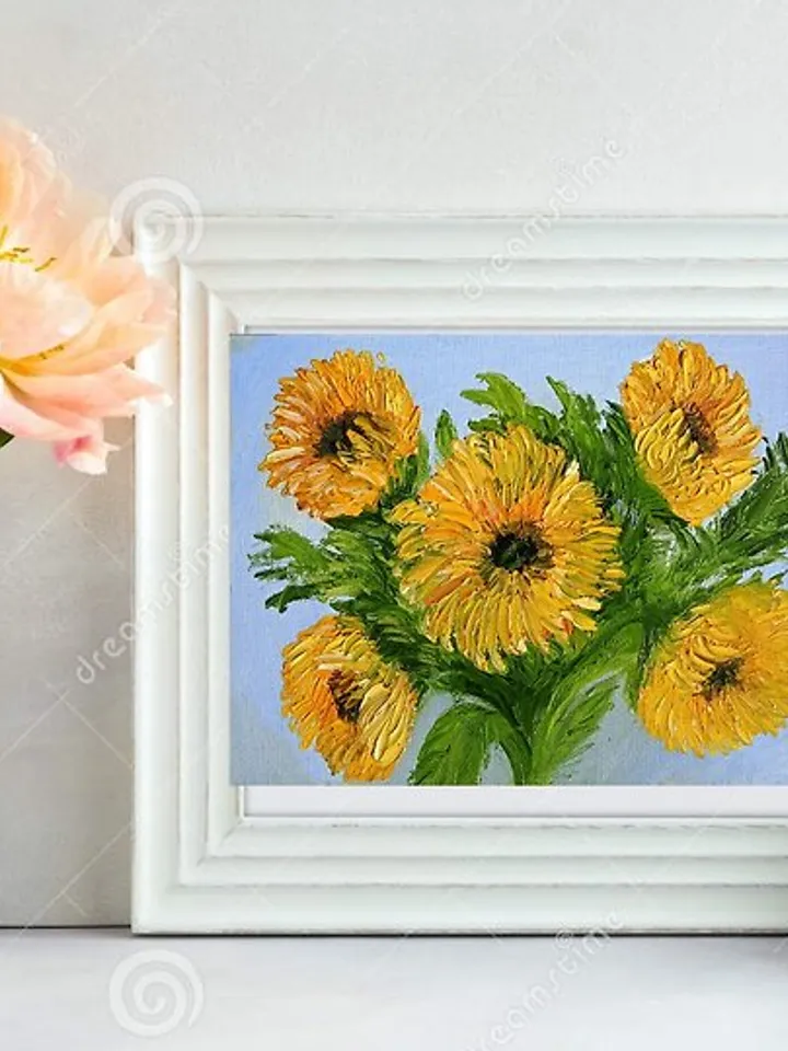 Oil Painting Bright Flowers Chamomile Sunflowers Impasto Art Miniature 20x30 cm
