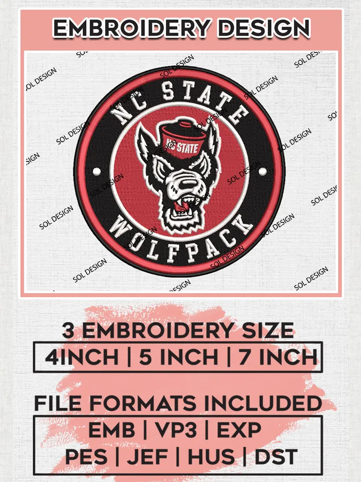 NCAA NC State Wolfpack Round Logo Embroidery, NCAA NC State Wolfpack Embroidery Design files, NCAA Teams, NCAA Machine embroidery designs, Digital Download
