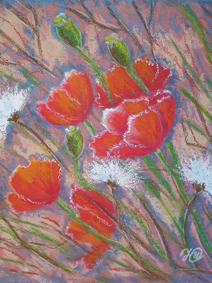 Red Poppies Painting Wildflowers Original Art Meadow Drawing Oil Pastel Painting
