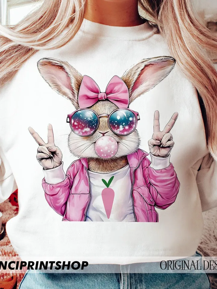 Retro Easter Bunny Blowing Bubble PNG, Easter Bunny png, Easter png, Funny Easter Bunnie Sunglasses, Retro Easter png, Bunny png, Spring png