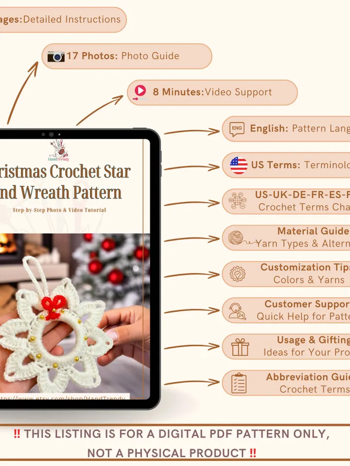 Christmas Crochet Star and Wreath Pattern - Christmas Decoration & Holiday Ornament - Christmas Tree Decor for Beginners