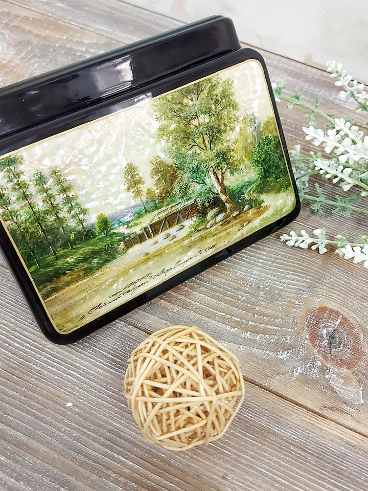Lacquer Box "Summer landscape" Hand-painted miniature painting. Jewelry box Mother of pearl Papier-mache. Home decor. Christmas gift