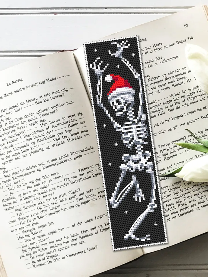 Gothic bookmark cross stitch pattern download PDF, Dancing skeleton cross stitch, Christmas skeleton embroidery PDF, Handmade bookmark #B96