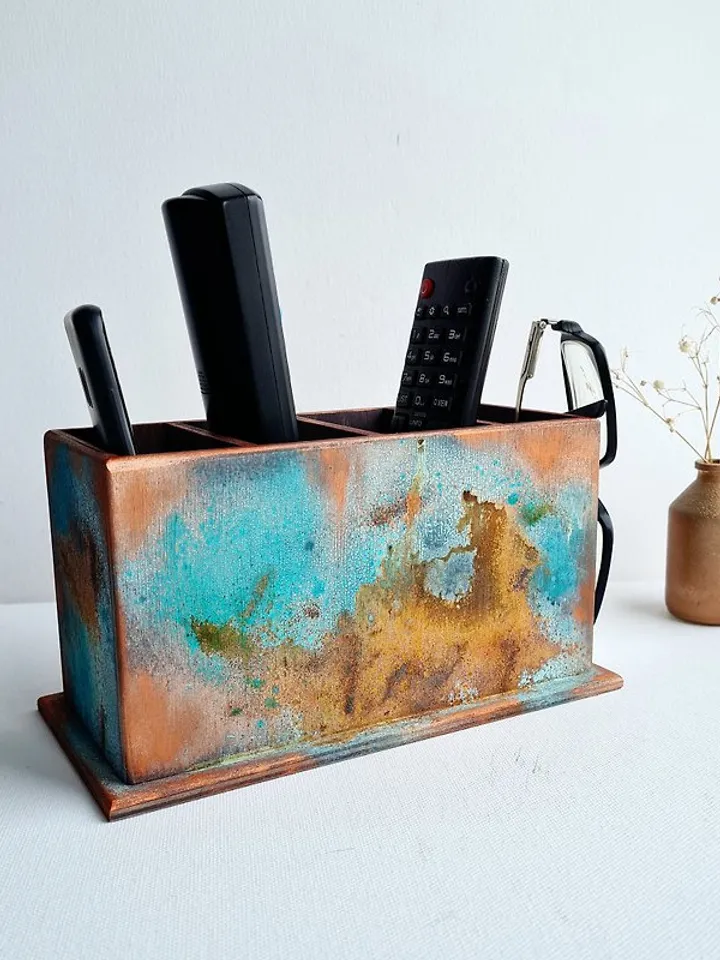 Wood remote control holder Art oxidized aged rustic old copper color remote box