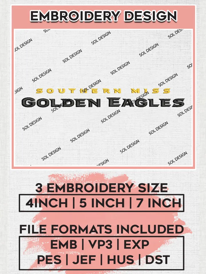 Southern Miss Golden Eagles College Football Team Writing Logo Embroidery Design Files, NCAA Southern Miss Golden Eagles Machine Embroidery, NCAA Teams, Game Day, 3 sizes, NCAA Machine embroidery designs, Digital Download