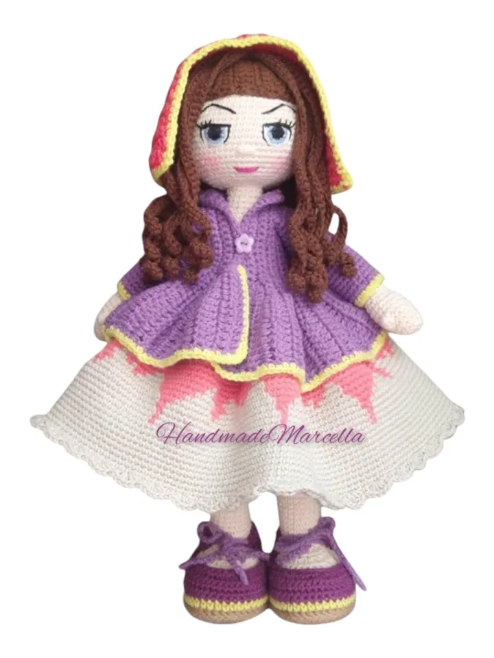 Amigurumi Doll 34 cm – Hand Embroidered Face – Handmade Crochet Doll with Tapestry Dress – Unique Collectible Gift – By Marcella