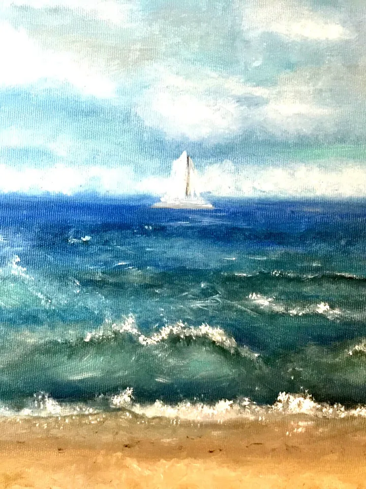 Seascape with a boat painting,Baltic sea and a beach,oil painting,stretched canvas.