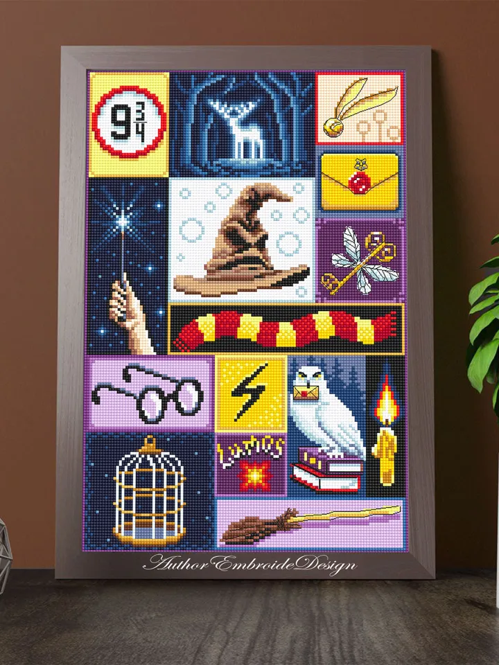 Wizard sampler cross stitch pattern PDF download Wizard school cross stitch chart, Magic pattern digital PDF, Wizard hat, Letter owl #O13