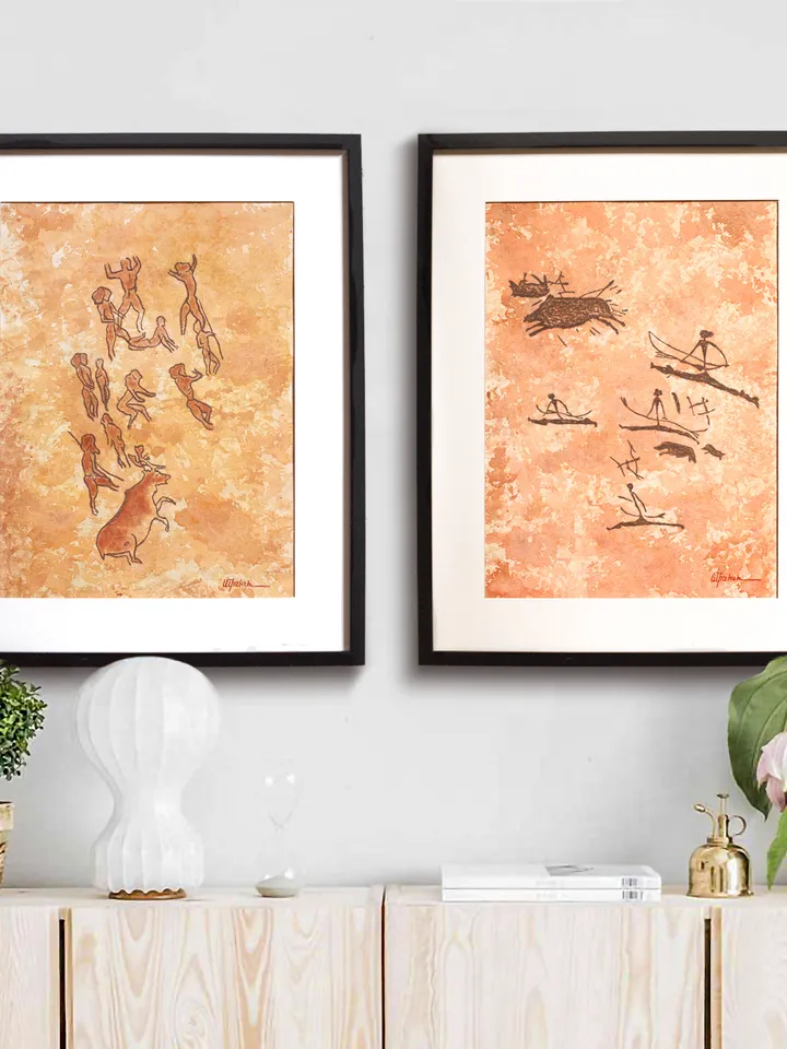 Boar hunting wall art | Original Pastel and Watercolor Artwork Ancient Cave Painting Style 30x40 cm | Hunters Prehistoric art | Handmade Artwork | Archers stylization of rock art | Drawings of a prehistoric man | Modular painting