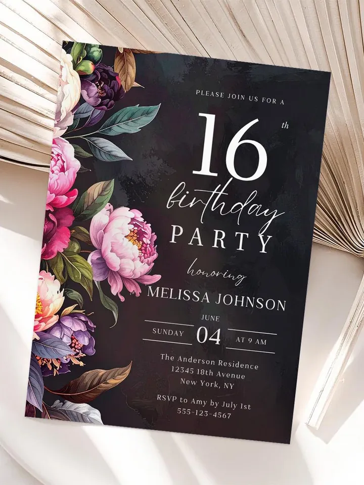 16th Birthday Invitation for girl or boy – Moody Burgundy & Blush Peony Floral Invitation Elegant Dark Birthday Party Invite Canva Template