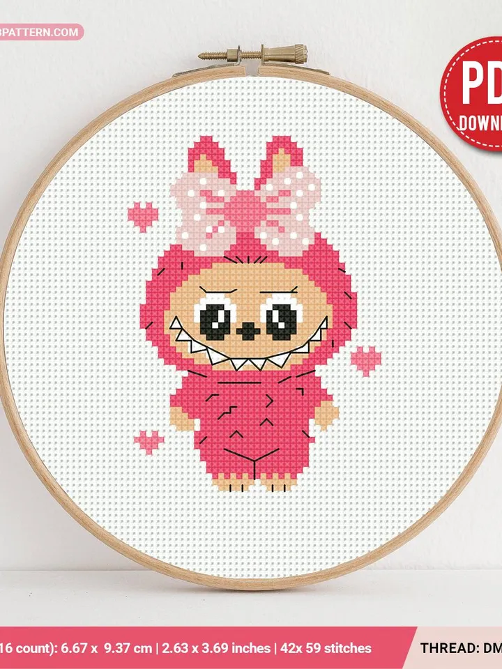 Cute Pink monster with bow Cross stitch pattern PDF, Small Cross stitch, Kawaii, beginner counted, Tiny modern chart, gift DIY, embroidery