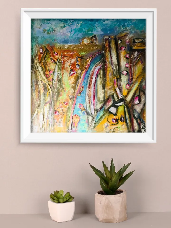 Fish town,original acrylic mix media fantasy painting ,collage wall art,fantasy town painting on cardboard,wall decoration.