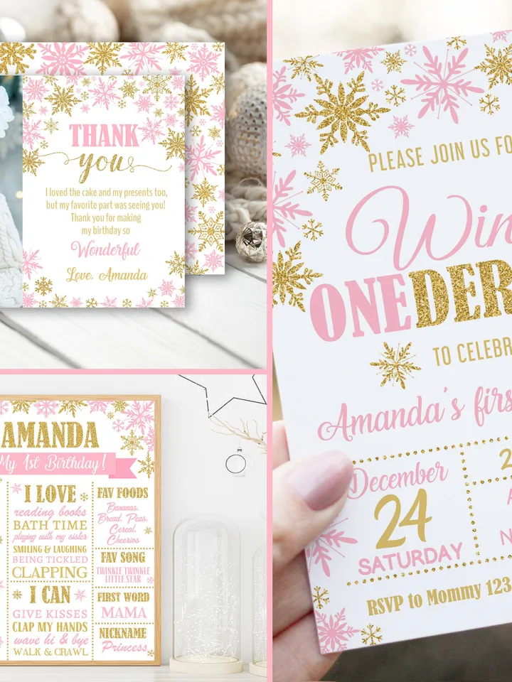 Winter Onederland Birthday Girl Decorations, Winter Onederland Birthday Party Package Bundle, Pink Gold Snowflakes Editable Template