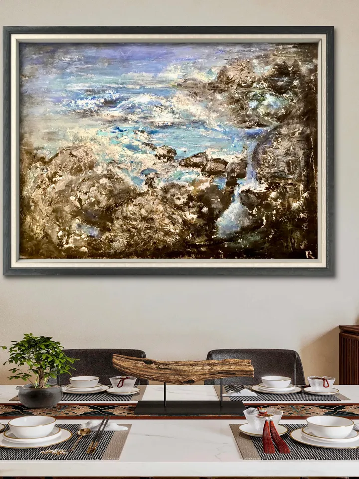 Rocks and ocean original acrylic mix media painting on paper,wall art,semi abstract seascape.