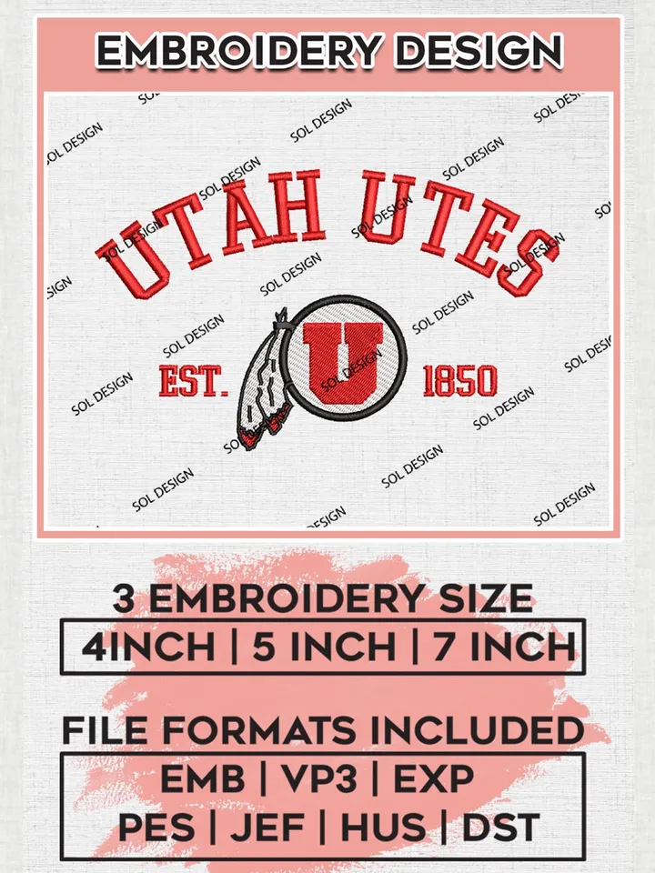 Utah Utes Est 1850 Logo Embroidery Designs, NCAA Utah Utes Team Embroidery, NCAA Team Logo, 3 sizes, Machine embroidery Files, Digital Download