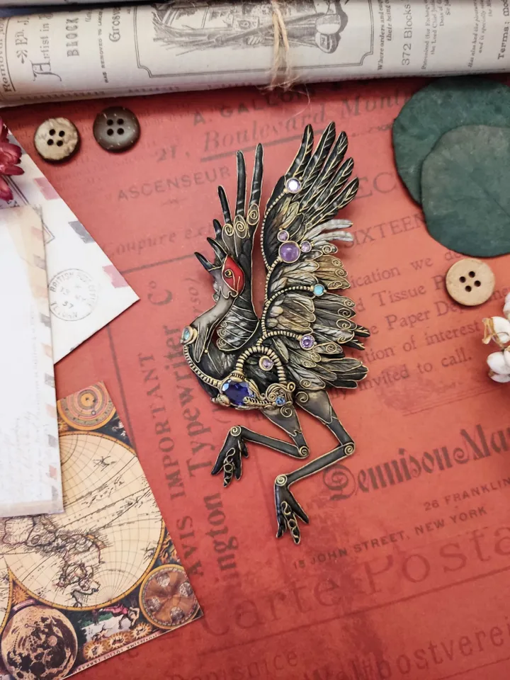 Dancing Crane brooch, bird brooch, crane, bird jewelry, brooch with stones