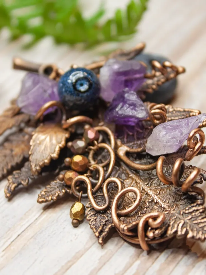 Copper handmade fern leaf brooch, amethyst buds, blueberry beads, nature jewelry, forest bunch, great gift for her, electroforming