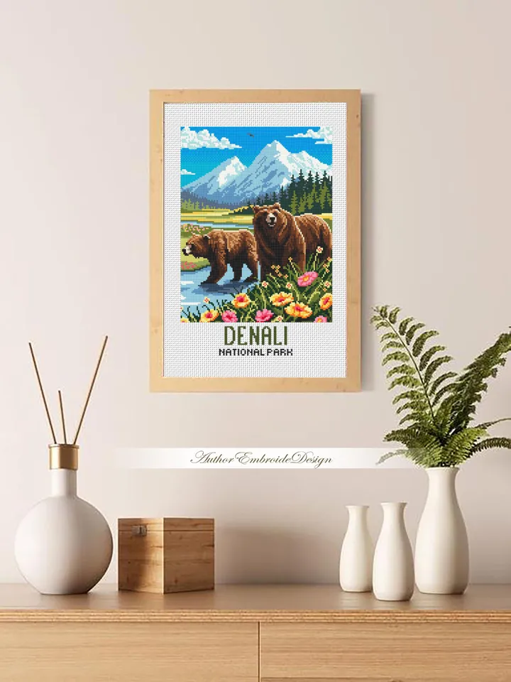 Denali national park cross stitch pattern PDF download Bear cross stitch chart, Mountain landscape pattern digital PDF, Travel poster #L99