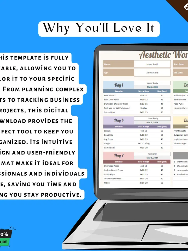 Aesthetic Workout Template, Editable Google Sheets, Digital Download for Fitness Planning & Muscle Definition Tracking