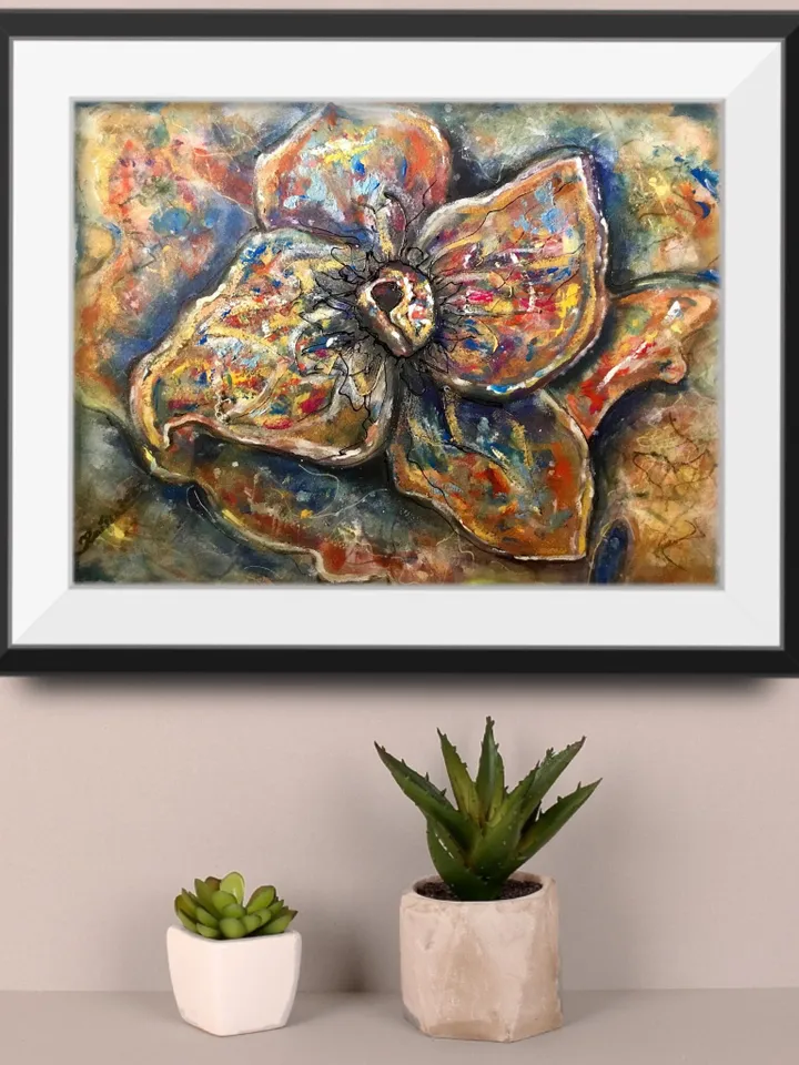 Fantasy magic flower original watercolour mix media artwork, unique gift,flowers painting