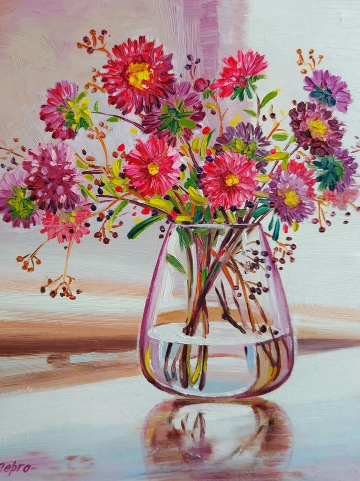Asters Flowers Original Oil Painting Wall Art