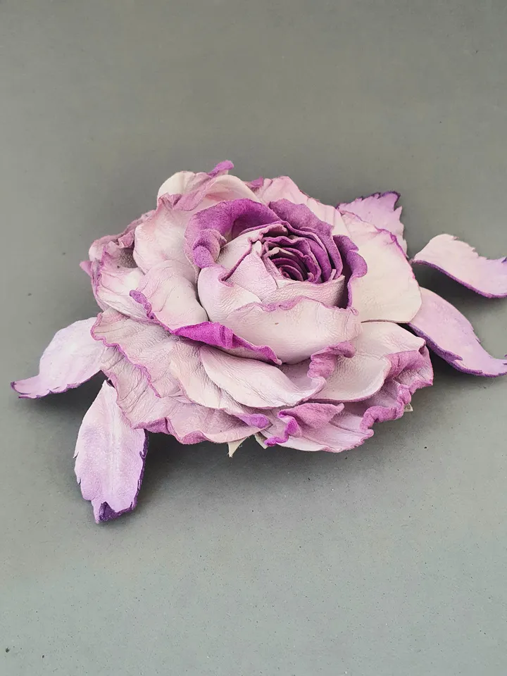 Lilac rose leather brooch 3rd anniversary gift for wife, Leather women's jewelry